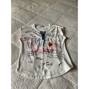 San Francisco Graphic Top Womens P/S Oatmeal Excellent Henley Art Script Knit